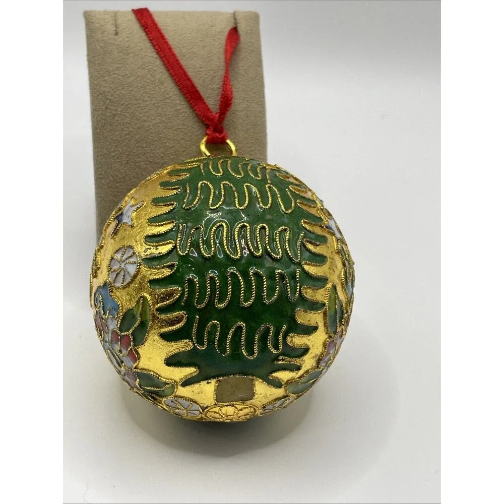 Cloisonne Gold Christmas Tree Ornament with Red Ribbon - Excellent Condition